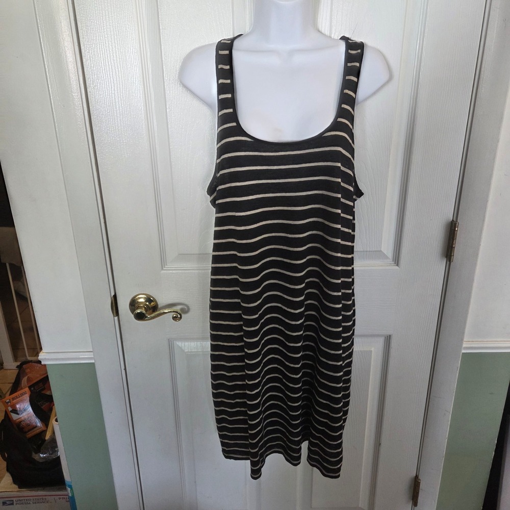Vince Black Beige Striped 100% Linen Sleeveless Racerback Shift Dress M Travel